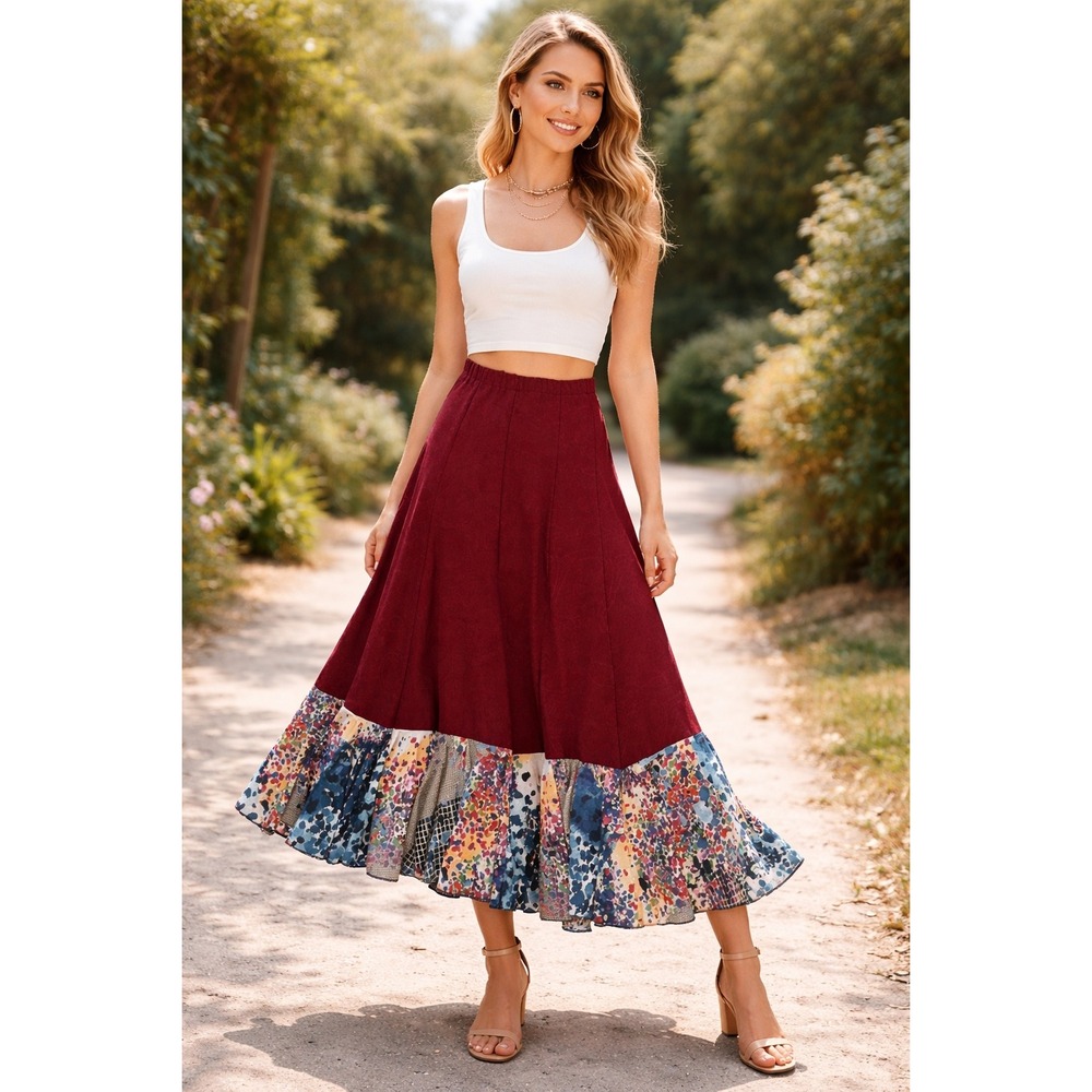 Bohemian Maxi Skirt Tiered Patchwork Ruffle Floral Print‎ Burgundy Boho Festival